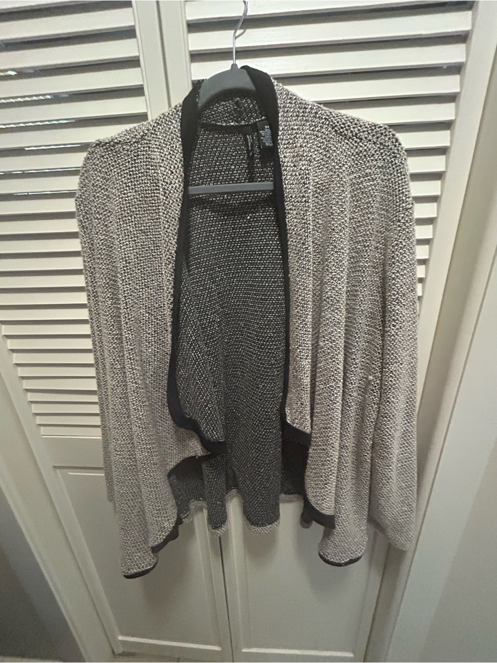 Pink and Gray Open-Front Knit Cardigan with Black Trim